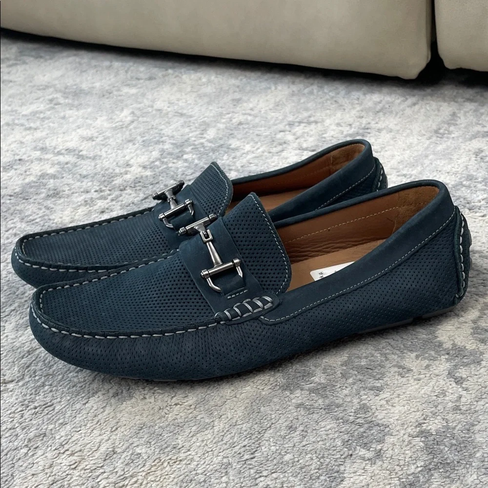 New Winthrop Naples Horsebit Loafer Leather Perforated Navy Blue Sz 9